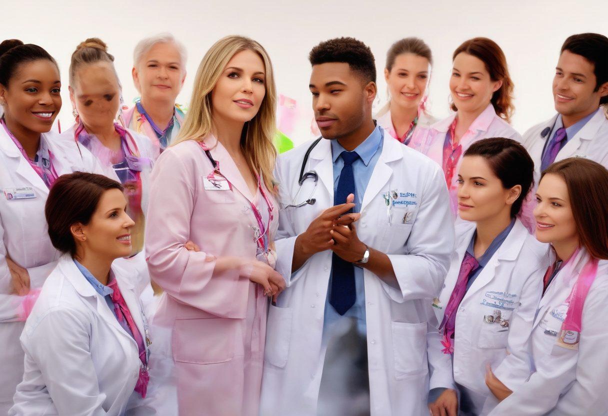 A vibrant scene featuring adult stars engaging in a passionate discussion about cancer awareness, surrounded by colorful awareness ribbons symbolizing hope and health. Incorporate a backdrop of a healthcare setting with medical professionals listening intently. Use playful yet respectful visuals to blend health and entertainment, maintaining an uplifting tone. super-realistic. vibrant colors. white background.