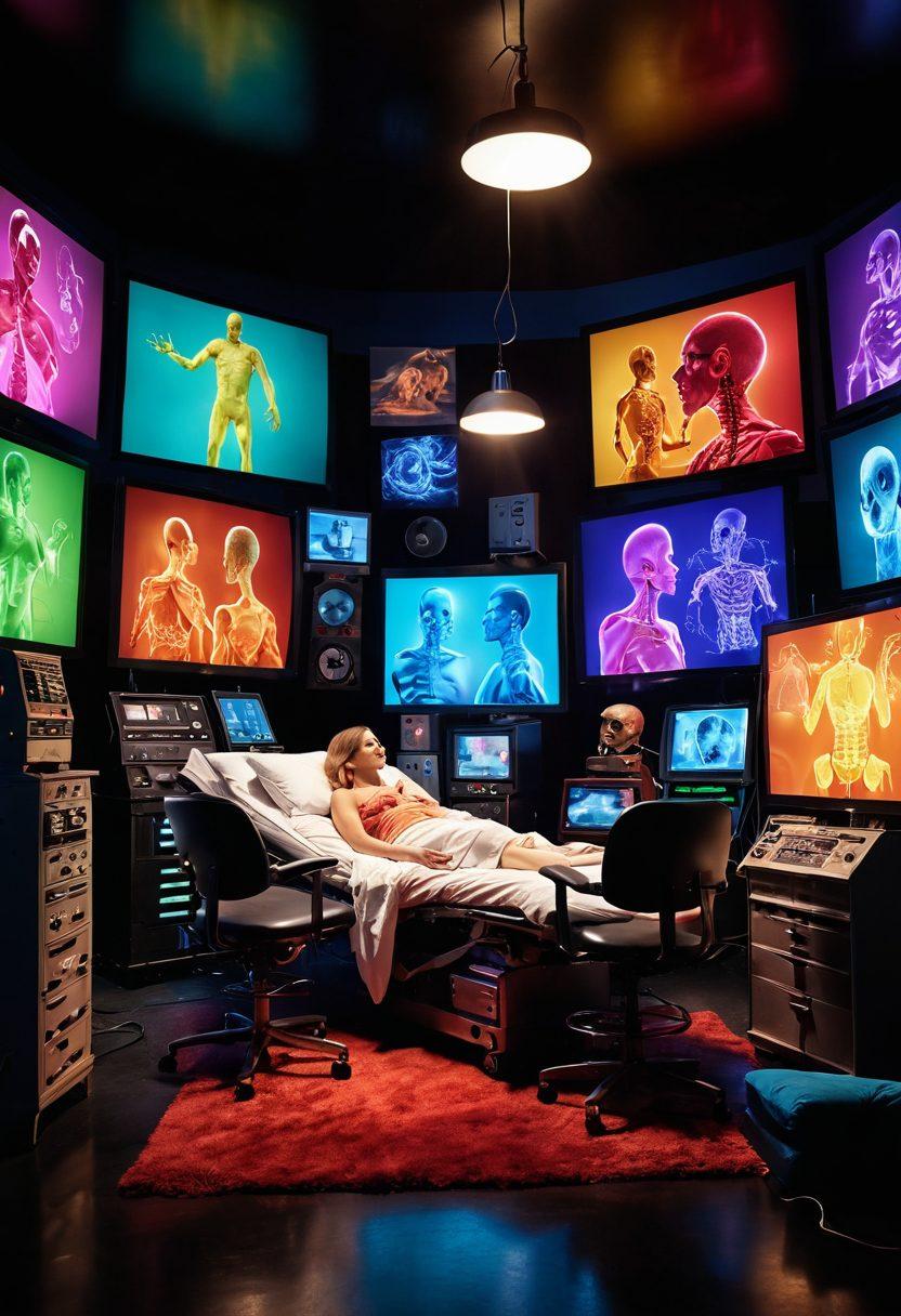 A dramatic scene illustrating a film set where health messages are creatively integrated into adult film production, featuring visual representations of tumors transforming into colorful twists symbolizing health awareness. Incorporate cinematic lighting and a backdrop of film reels and medical imagery. Highlight diverse characters engaged in discussions about health, blending sensuality with education. surrealistic elements. vibrant colors. dynamic composition.